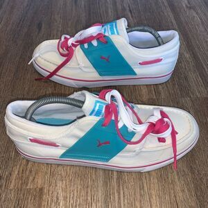Puma canvas woman’s pink green & white sneakers size 10.5.